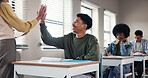 Boy, teacher and high five in classroom, happy and goals with test results, success and education at school. Teenager, mentor and celebration with cheers, motivation and progress with scholarship