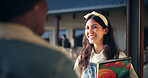 Students, girl and talking in hallway at high school for education break, exam advice and share study tips. Friends, people and book with conversation at campus for scholarship, discussion and chat