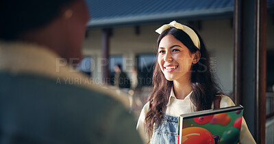 Buy stock photo Students, girl and talking in hallway at high school for education break, exam advice and share study tips. Friends, people and book with conversation at campus for scholarship, discussion and chat