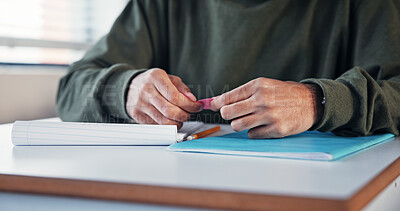 Buy stock photo Student, hands and cheating with note in exam for test information, secret answer and knowledge fraud. School, person and assessment plagiarism in classroom with quiz corruption, liar and deception