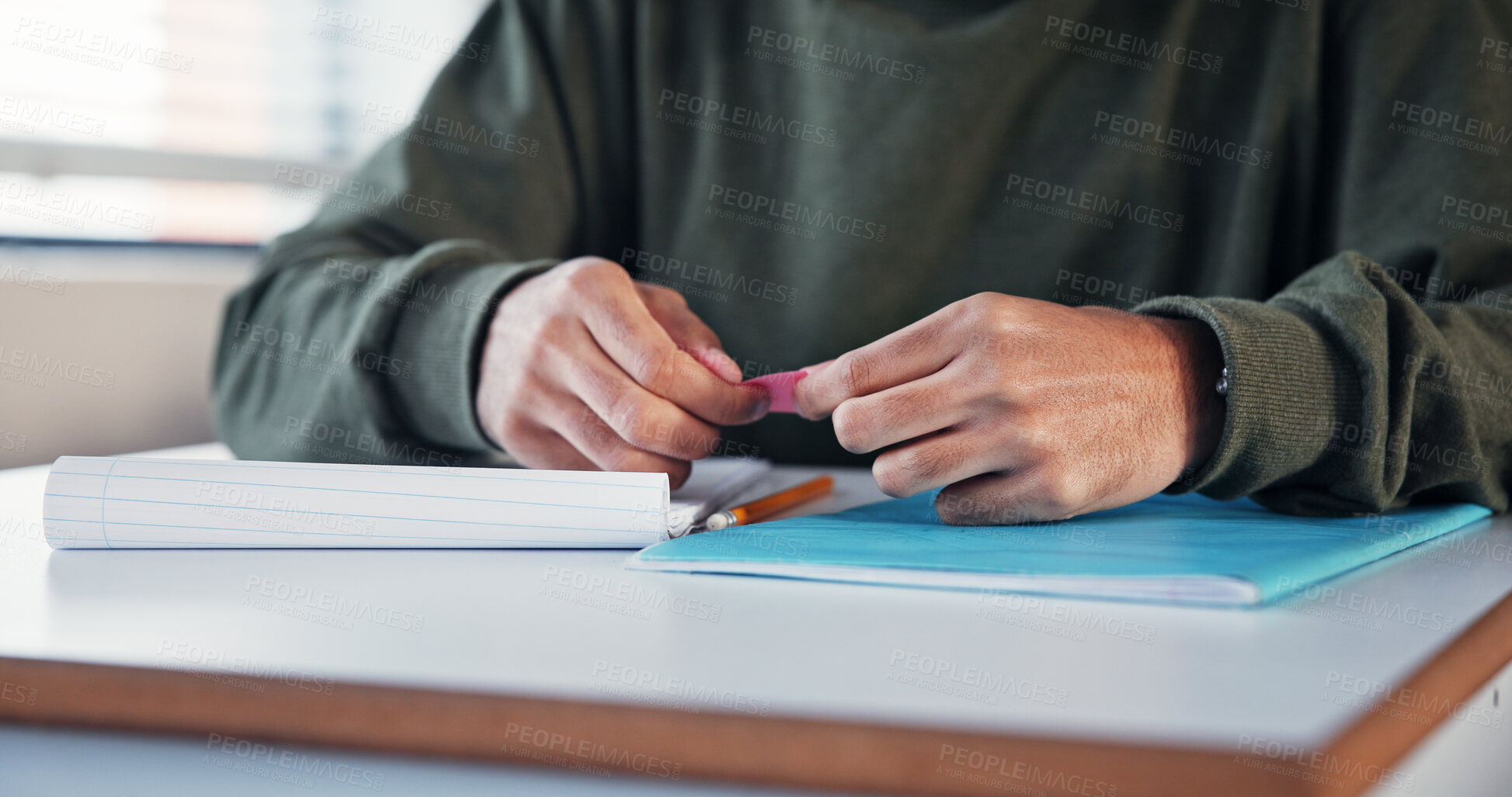 Buy stock photo Student, hands and cheating with note in exam for test information, secret answer and knowledge fraud. School, person and assessment plagiarism in classroom with quiz corruption, liar and deception