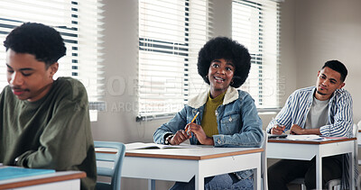 Buy stock photo School, university and students in classroom listening for education, lesson and learning. Happy, academy and men and women at desk in lecture for knowledge, assignment and studying at college