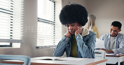 Buy stock photo Girl, student and stress for exam in classroom with test fail, low grade and academic pressure. High school, person or unhappy with bad evaluation score, scholarship risk and disappointed for mistake