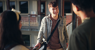 Buy stock photo Boy, students and talking in hallway at high school for education break, campus gossip or scholarship discussion. Friends, people and happy with conversation at academy for learning recess and relax