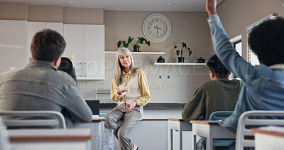 Buy stock photo Teacher, woman and students with answer in classroom for lesson question, teaching solution or knowledge. People, educator and learners in high school with hands raised, learning opinion or education