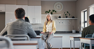 Buy stock photo Education, teacher and talking to students, classroom and plants for environmental science in high school. Knowledge, educator and explaining biology test to people, woman and teaching in academy