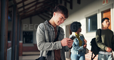 Buy stock photo Phone, education and research with boy at school for University application, news and communication. College admissions, learning portal and future with student on campus for mobile and scholarship