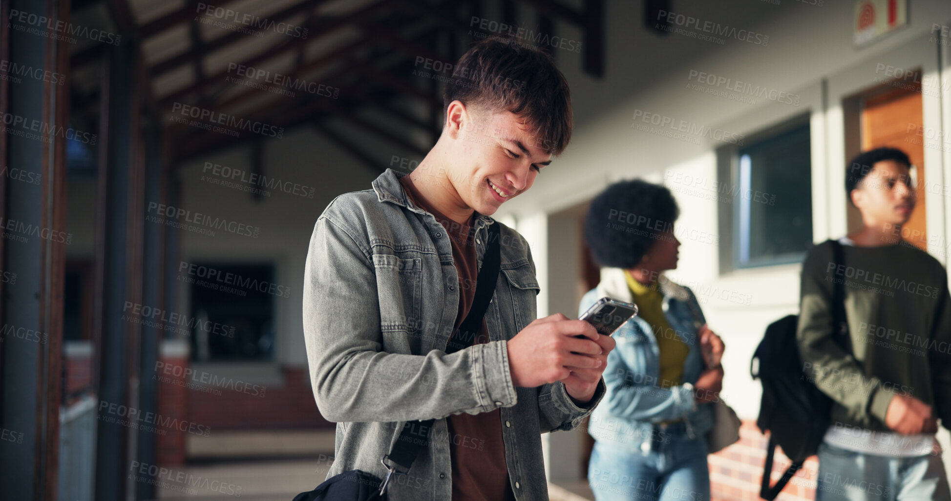 Buy stock photo Phone, education and research with boy at school for University application, news and communication. College admissions, learning portal and future with student on campus for mobile and scholarship