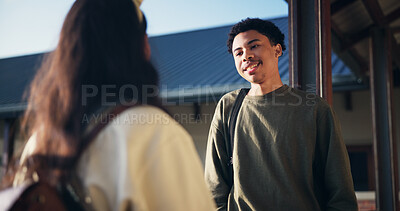 Buy stock photo Friends, students and talking in hallway at high school for education break, learning recess and share study tips. Teenager, people and happy with conversation at campus for scholarship or discussion
