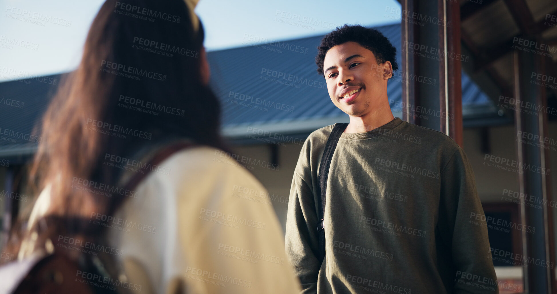 Buy stock photo Friends, students and talking in hallway at high school for education break, learning recess and share study tips. Teenager, people and happy with conversation at campus for scholarship or discussion
