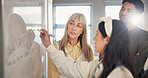 Professor, lesson and student writing on whiteboard for math lecture, education support and equation solution. Teacher, people or learning at university with problem solving, knowledge or scholarship