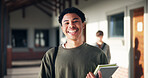Education, teenager and smile with portrait of boy in hallway for high school academy, future and scholarship. Notebook, studying and learning with student on campus for knowledge and lesson