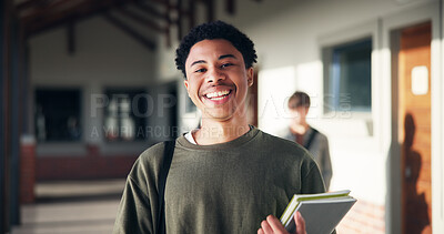Buy stock photo Education, teenager and smile with portrait of boy in hallway for high school academy, future and scholarship. Notebook, studying and learning with student on campus for knowledge and lesson