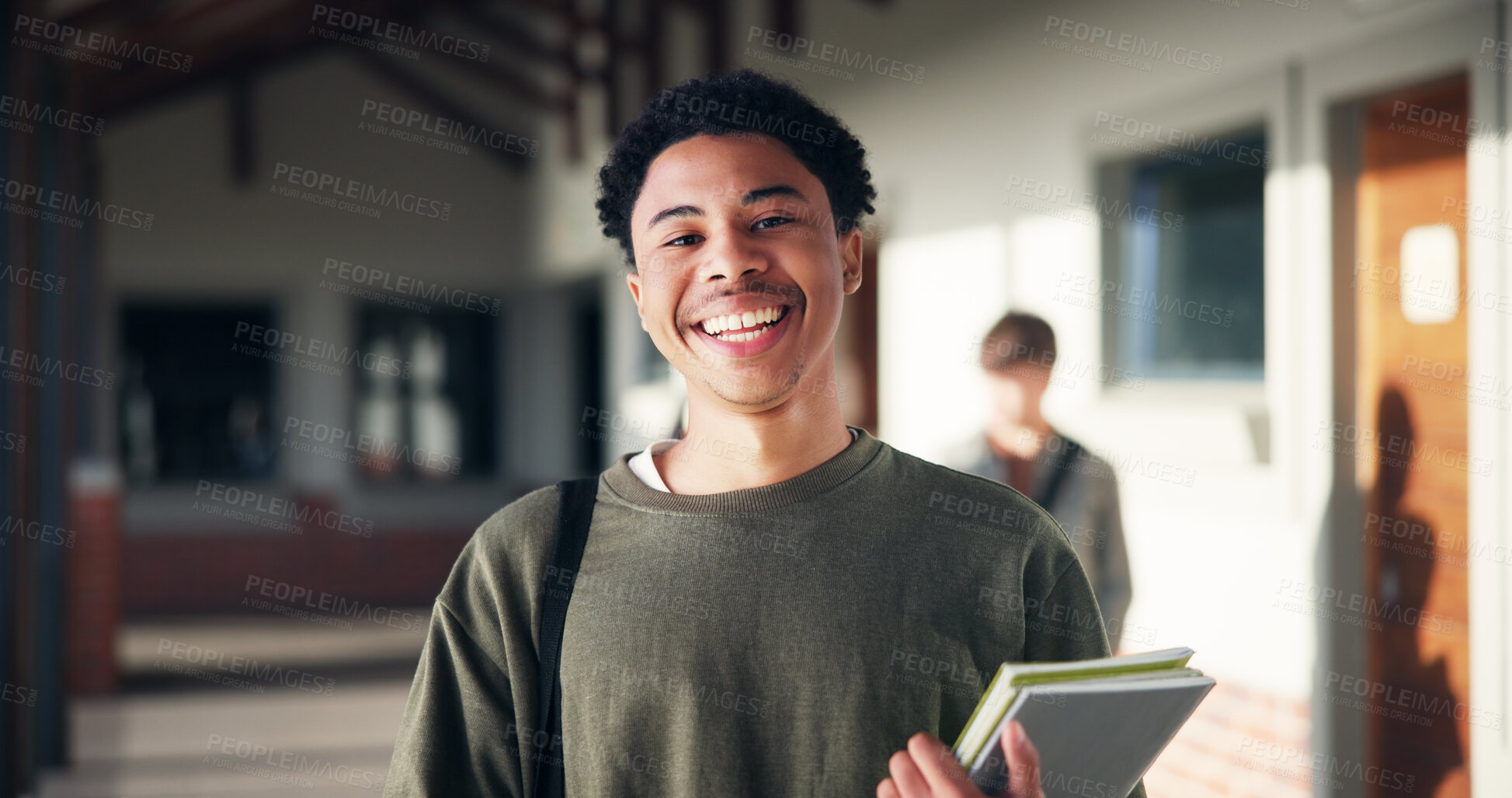 Buy stock photo Education, teenager and smile with portrait of boy in hallway for high school academy, future and scholarship. Notebook, studying and learning with student on campus for knowledge and lesson