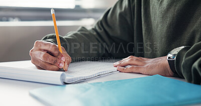 Buy stock photo Writing, hands and teenage boy in classroom, education and exams with scholarship. Closeup, person and student in school, academy and knowledge with test, notes and creativity with ideas and learning