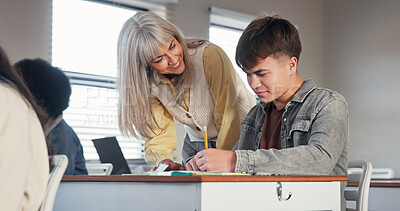 Buy stock photo Classroom, learning and teacher with boy help for assessment, assignment and explain test question. High school, academy and educator with student for assistance, teaching and education in lesson