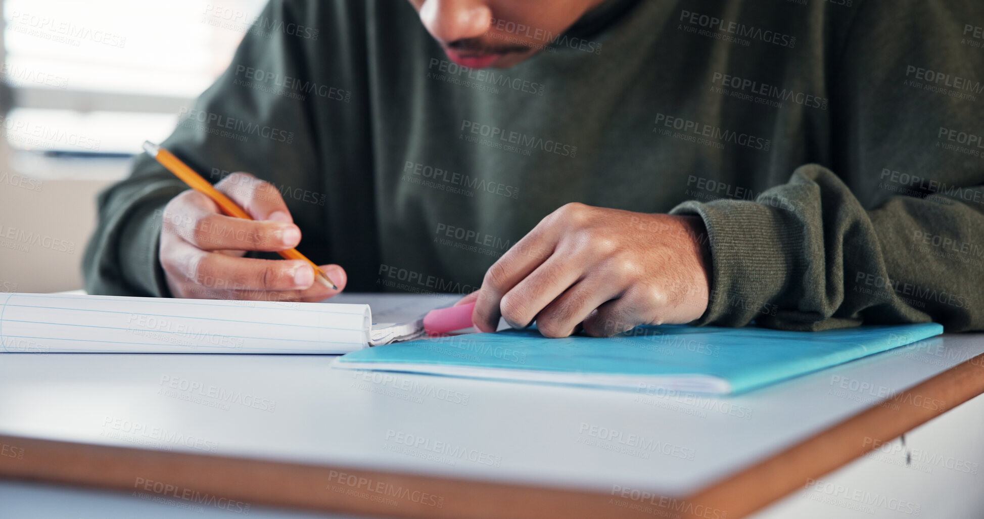 Buy stock photo Student, hands and cheating with note in test for exam information, math solution or knowledge fraud. School, boy or assessment plagiarism in classroom with answer corruption, liar or education crime