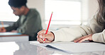 Writing, hands and teenage girl in school, education and exams with scholarship. Closeup, person or students in classroom, academy and knowledge with test, ideas and creativity with notes or learning