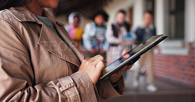 Buy stock photo Education, hands and teacher with tablet, school and lesson planning on website for kids or app. Knowledge, educator and person with tech for schedule, hallway or preparing of exam, online or academy