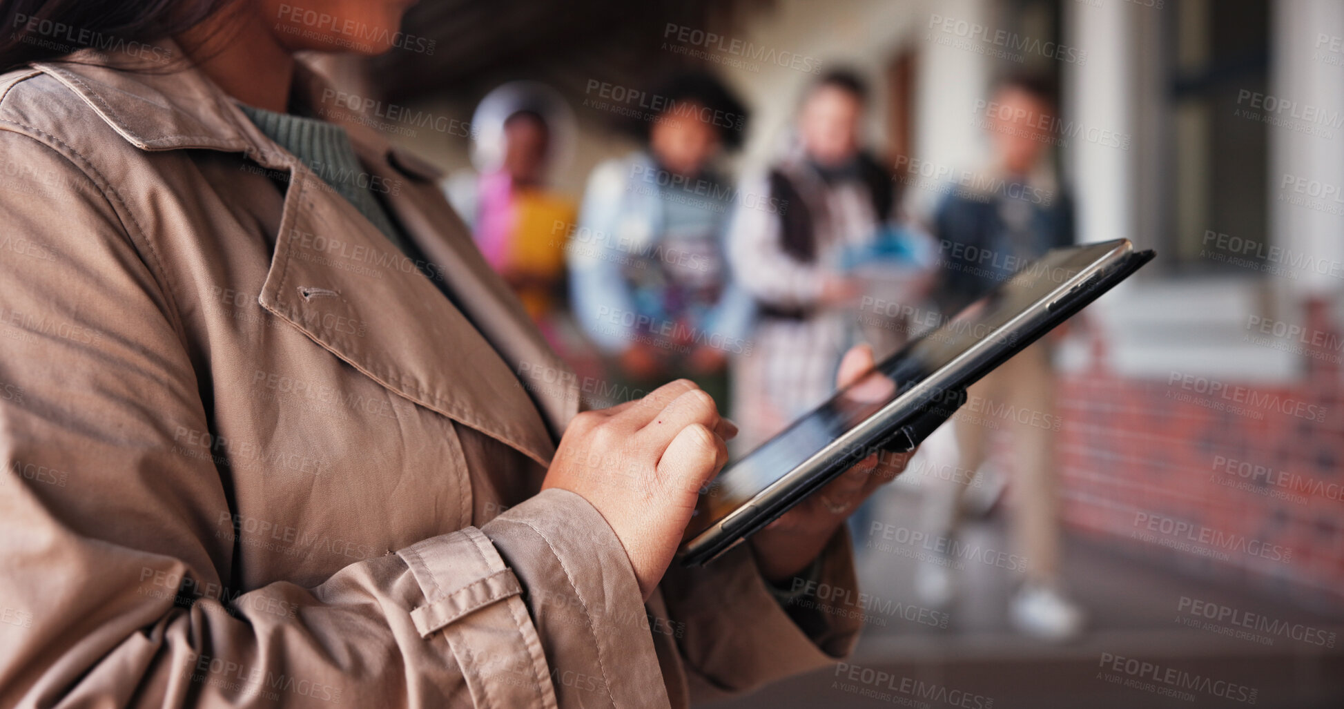 Buy stock photo Education, hands and teacher with tablet, school and lesson planning on website for kids or app. Knowledge, educator and person with tech for schedule, hallway or preparing of exam, online or academy
