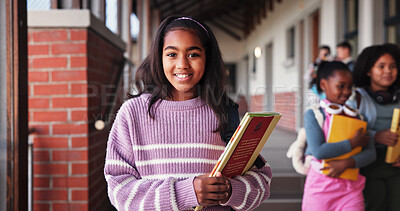Buy stock photo Portrait, school and girl with book, students and smile with education, child development and growth. Face, academy and learning with knowledge, cheerful and confidence with pride and scholarship 