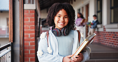 Buy stock photo Portrait, school and girl with book, student and pride with education, child development and growth. Face, outdoor and happy kid with knowledge, academy and confidence with smile and scholarship 