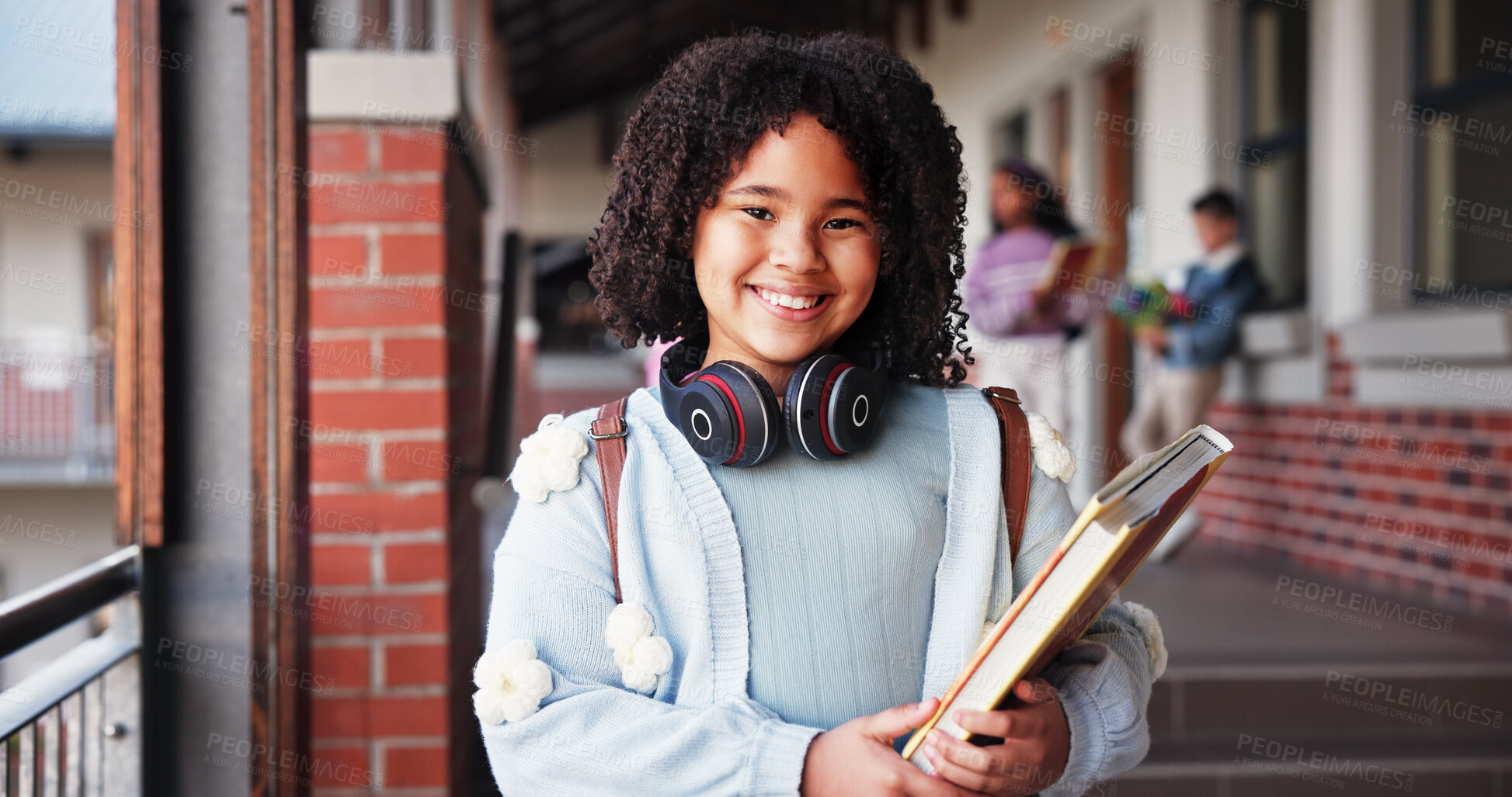 Buy stock photo Portrait, school and girl with book, student and pride with education, child development and growth. Face, outdoor and happy kid with knowledge, academy and confidence with smile and scholarship 