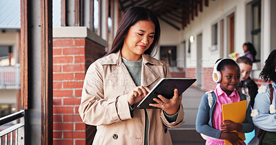 Buy stock photo Education, woman and teacher with tablet, school and lesson planning on website, browsing and smile. Happy, educator and person with tech for curriculum, scroll and knowledge for children or hallway