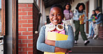 Portrait, school and girl with students, excited and smile with education, child development and pride. Face, group and children with knowledge, academy and confidence with growth and scholarship 
