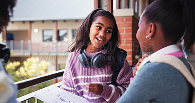 Buy stock photo Children, friends and talking at school, books and discussion at break for test, notes and education. Kids, girl and group with advice, smile and listening for scholarship, learning and development