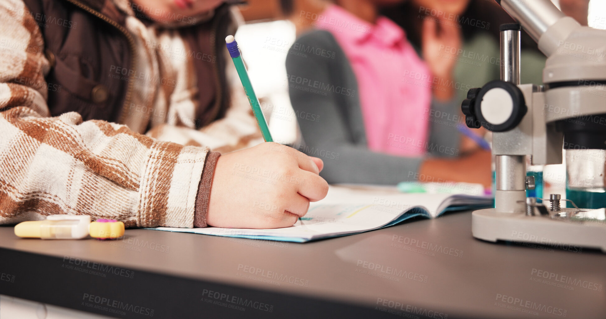 Buy stock photo Science, hands and child with writing in classroom for microscopic experiment, biology education and notes. School lab, student and book for scientific research, studying and learning for assessment