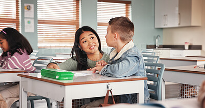 Buy stock photo Classroom, child and teacher for education help, school and learning for assignment in junior grade. Quiz, question and boy with knowledge test, scholarship and development to prepare in academy