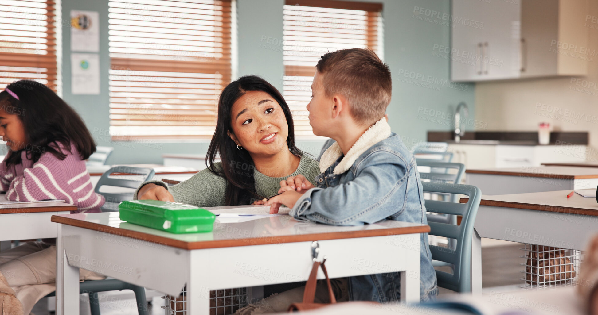 Buy stock photo Classroom, child and teacher for education help, school and learning for assignment in junior grade. Quiz, question and boy with knowledge test, scholarship and development to prepare in academy