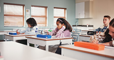 Buy stock photo Classroom, students and exam for education, school and learning for assignment in junior grade. Quiz, growth and children with knowledge test, scholarship and development to prepare in academy