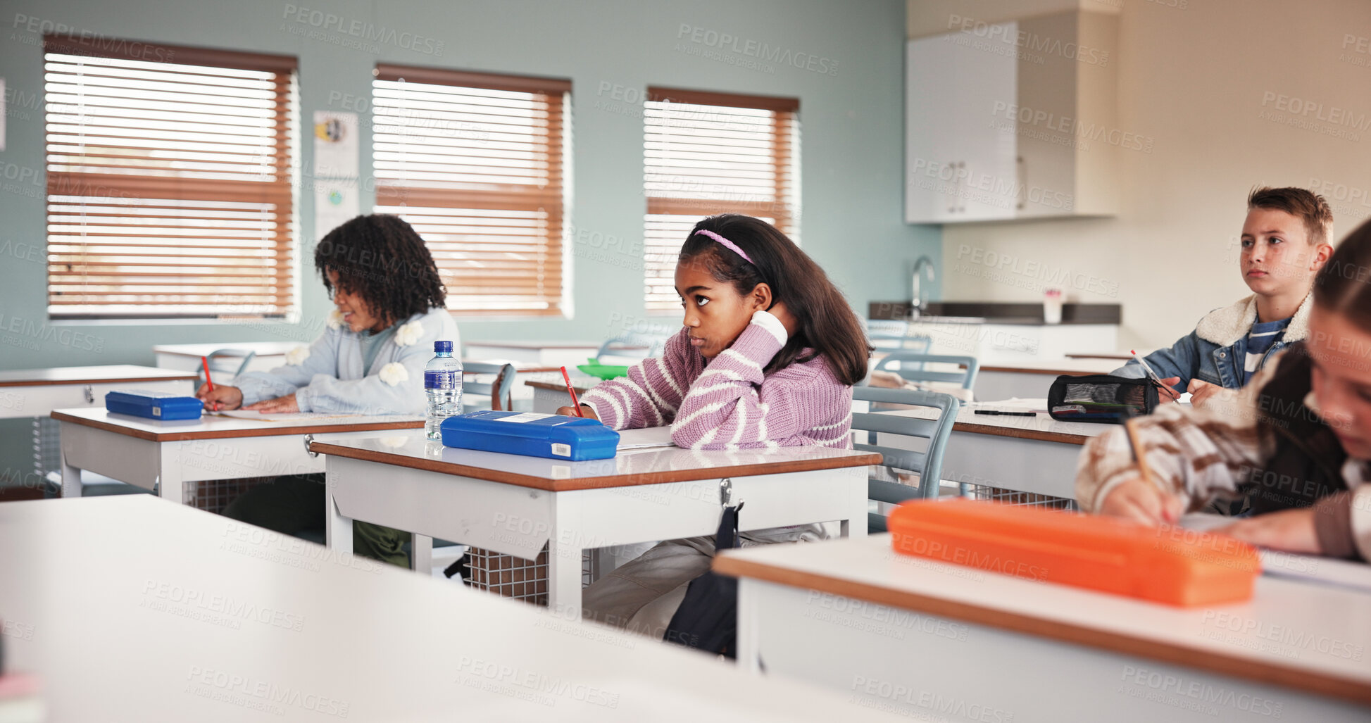 Buy stock photo Classroom, students and exam for education, school and learning for assignment in junior grade. Quiz, growth and children with knowledge test, scholarship and development to prepare in academy