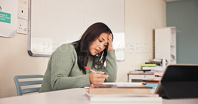 Buy stock photo Teacher, woman and stress with grading in classroom for academic workload, exam marking and test fail. Educator, person and headache at school for education burnout, admin tasks and tired of deadline