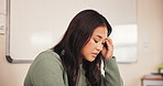 Teacher, woman and headache of stress in classroom for academic workload, lesson mistake and overworked. Educator, person and tension migraine at school for education burnout, fatigue and overwhelmed