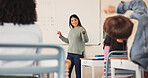 Education, teacher and math answer in classroom for multiplication solution, calculation and learning support. People, students and educator by whiteboard for equation problem solving and scholarship