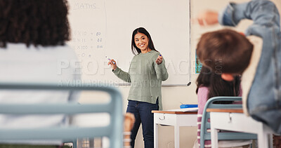 Buy stock photo Education, teacher and math answer in classroom for multiplication solution, calculation and learning support. People, students and educator by whiteboard for equation problem solving and scholarship