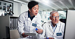 Teamwork, scientist and shocked with men in laboratory for healthcare, medical research or test results. People, breakthrough and study with biologist, computer and solution for chemical development