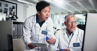 Buy stock photo Teamwork, scientist and shocked with men, computer and laboratory for healthcare or medical research. People, breakthrough and study with biologist, test results and solution for chemical development