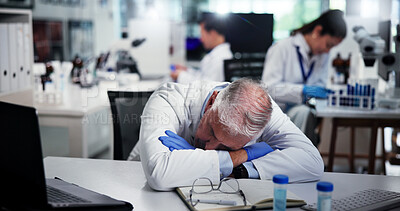 Buy stock photo Tired, scientist and man sleeping in laboratory for burnout, deadline and exhausted with research. Medical science, fatigue and mature professional with stress, overworked and rest for low energy
