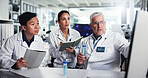 Teamwork, scientist and mentor with people in laboratory for healthcare, medical research or test results. Men, woman and breakthrough with biologist, computer and solution for chemical development