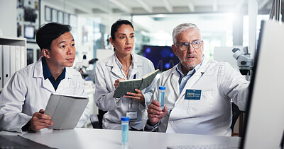 Buy stock photo Teamwork, scientist and mentor with people, computer and  healthcare for medical research or test results. Men, woman and breakthrough with biologist, laboratory and solution for chemical development