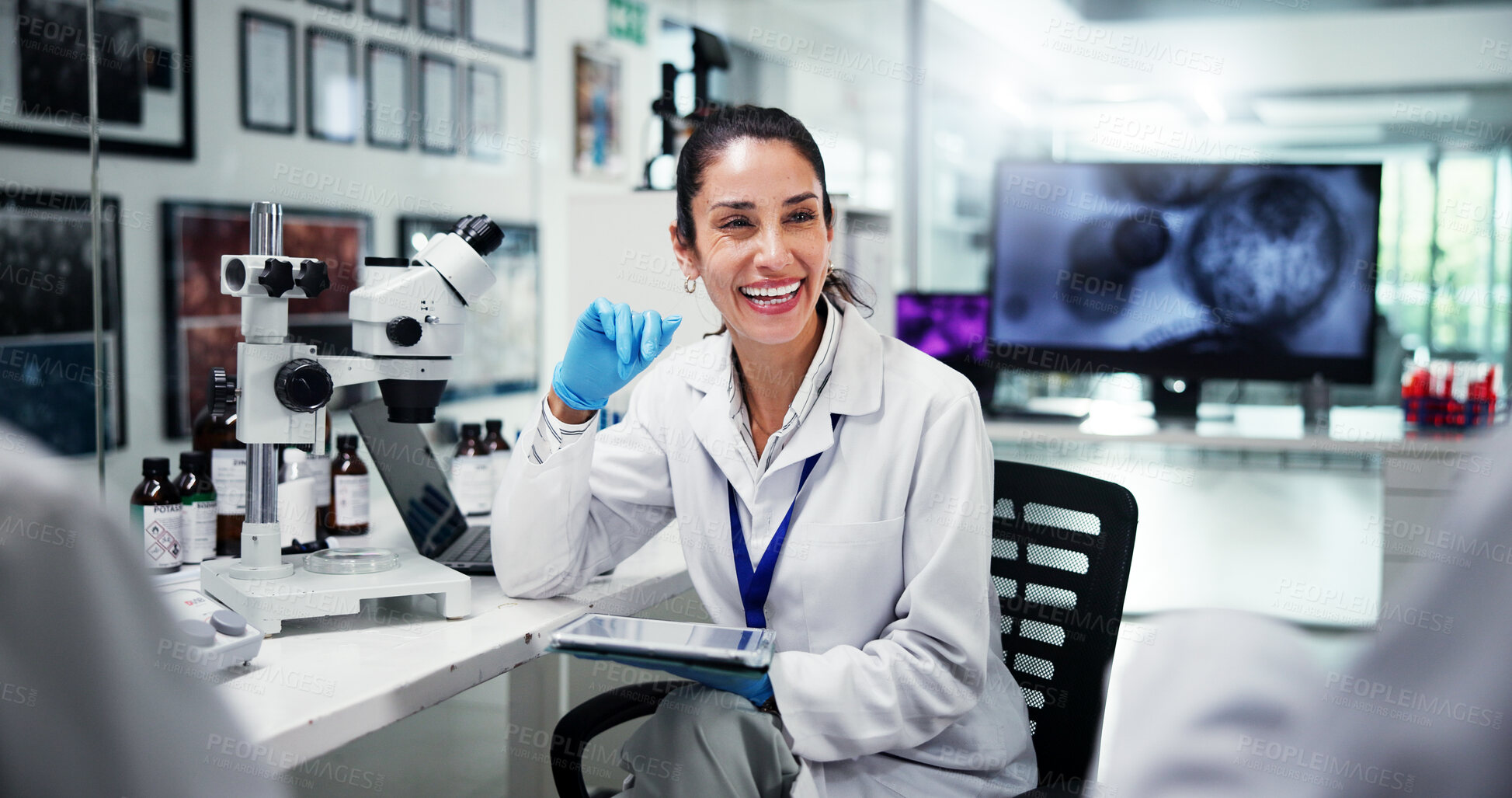 Buy stock photo Research, smile and woman with tablet, science and meeting for experiment results. Healthcare, employees or scientists in laboratory, tech or digital app for vaccine development, planning or feedback