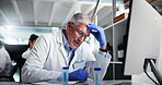 Mature man, scientist and headache with stress for fail, mistake or scientific error at laboratory. Frustrated, male person or science with migraine for bad experiment, chemistry trial or results