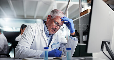 Buy stock photo Mature man, scientist and headache with stress for fail, mistake and scientific error at lab. Frustrated, person and science with migraine for bad experiment, chemistry trial and results at computer