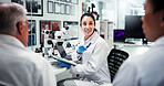 Research, group and woman with tablet, science and meeting for experiment results. People, feedback and scientists in lab, tech and app for vaccine development, test review and healthcare with ideas
