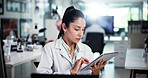 Tablet, scientist and search with woman in laboratory for healthcare, medical research or innovation. Technology, analysis or study with biologist in clinical trial for pharmaceutical development
