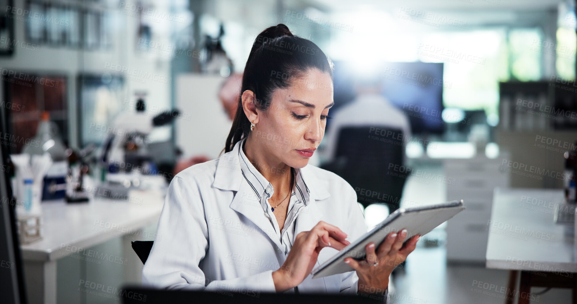 Buy stock photo Tablet, scientist and search with woman in laboratory for healthcare, medical research or innovation. Technology, analysis or study with biologist in clinical trial for pharmaceutical development